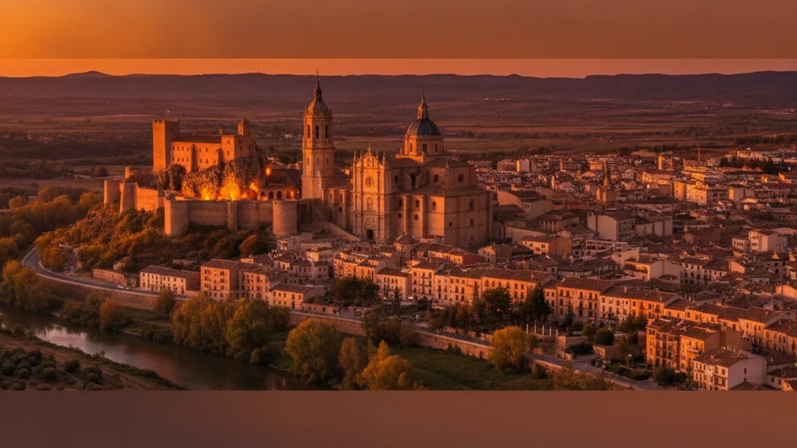 Vista panorámica de Alcañiz con el Castillo de los Calatravos y la Colegiata de Santa María la Mayor dominando el perfil de la ciudad al atardecer.