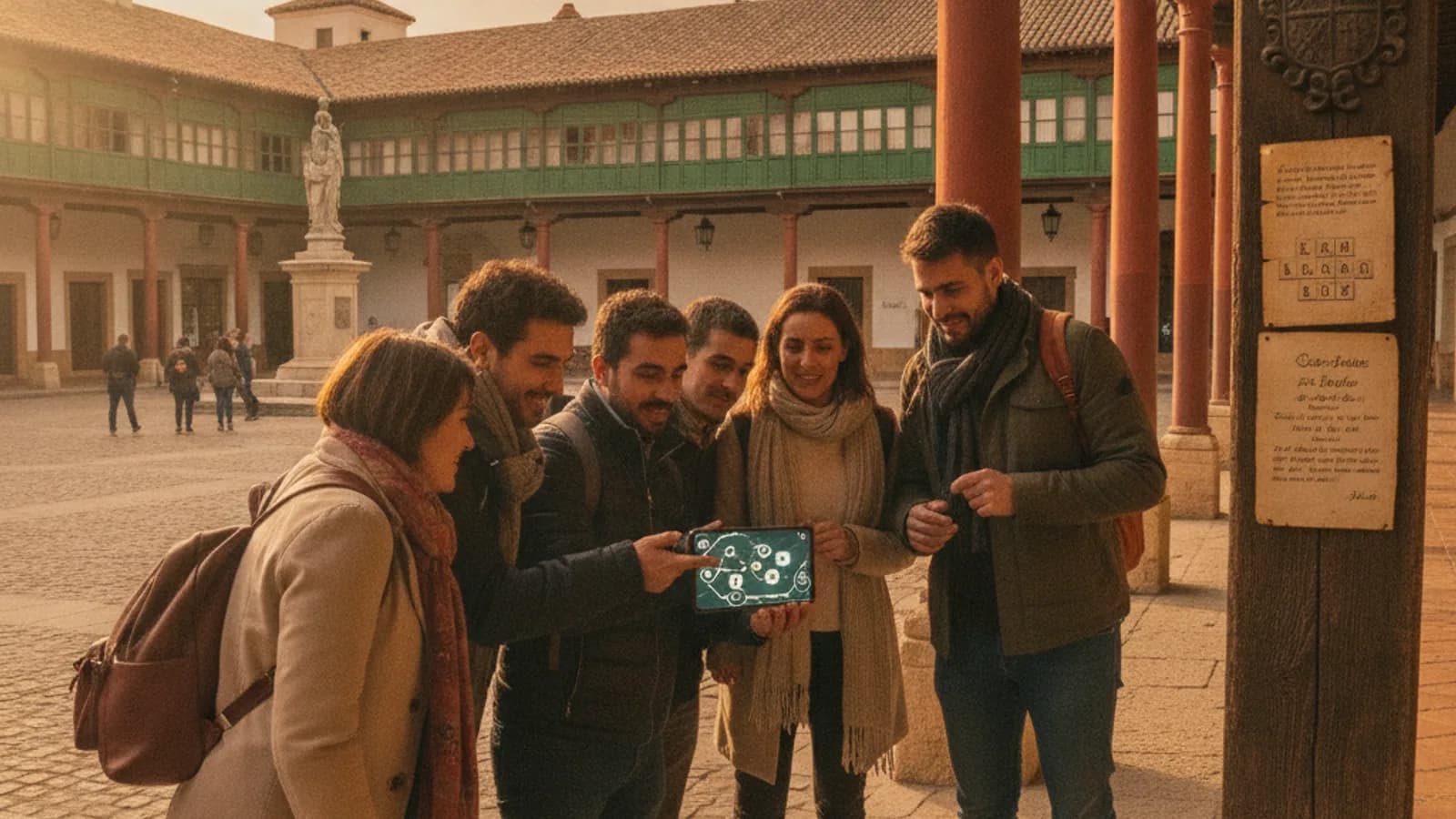 Un equipo de amigos, en la Plaza Mayor de Almagro, consultando un teléfono móvil mientras resuelven un enigma anclado en una de las galerías porticadas.