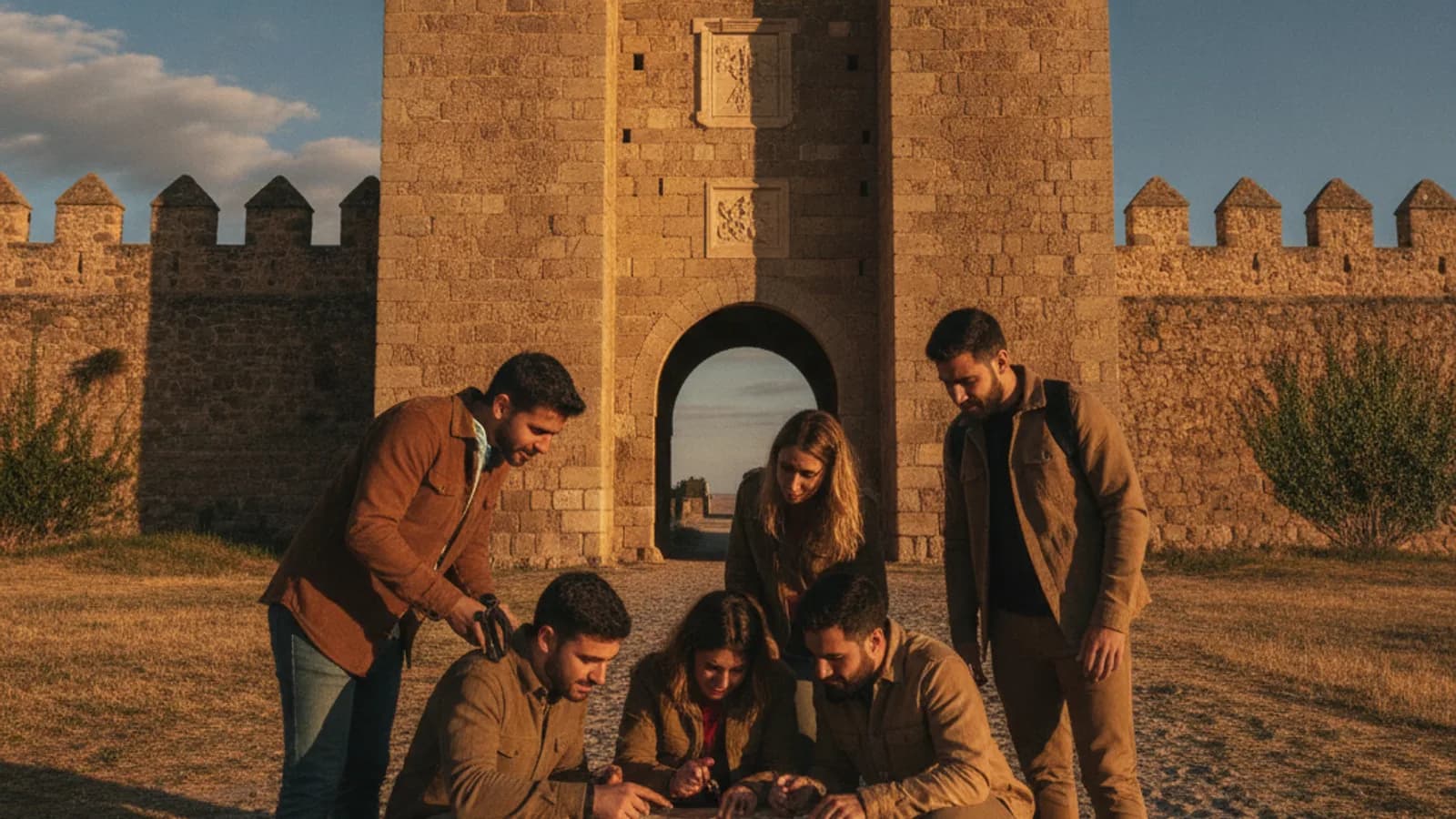 Equipo de amigos concentrado resolviendo un enigma frente a la imponente Puerta de la Villa de Almazán, con las murallas al fondo y el cielo azul soriano.