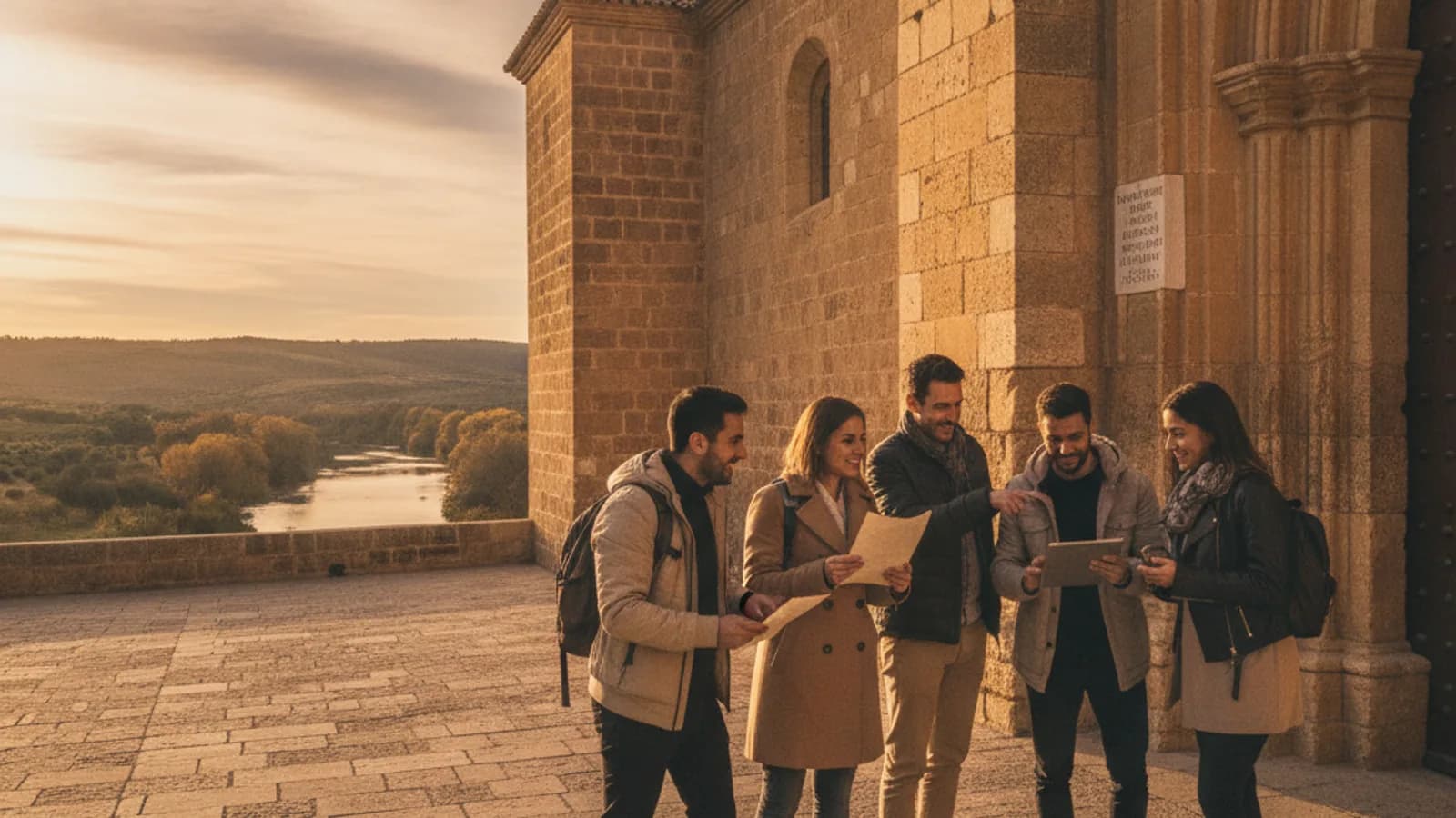 Un equipo de amigos resolviendo un enigma frente a la Iglesia de Santa María la Mayor en Andújar, con el río Guadalquivir de fondo.
