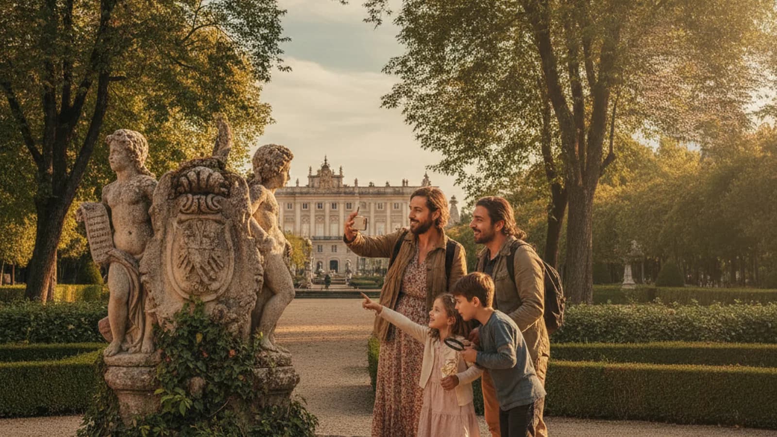 Familia con niños resolviendo un enigma en los jardines de Aranjuez, apuntando un móvil a un detalle histórico