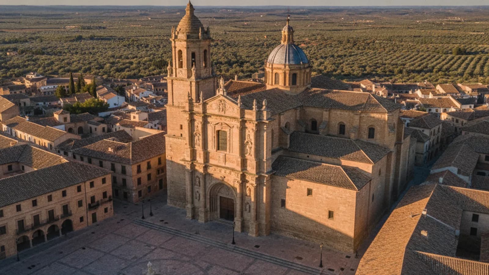 Vista aérea de la Catedral de Baeza y la Plaza de Santa María bajo un cielo azul, con tejados ocres y olivos al fondo