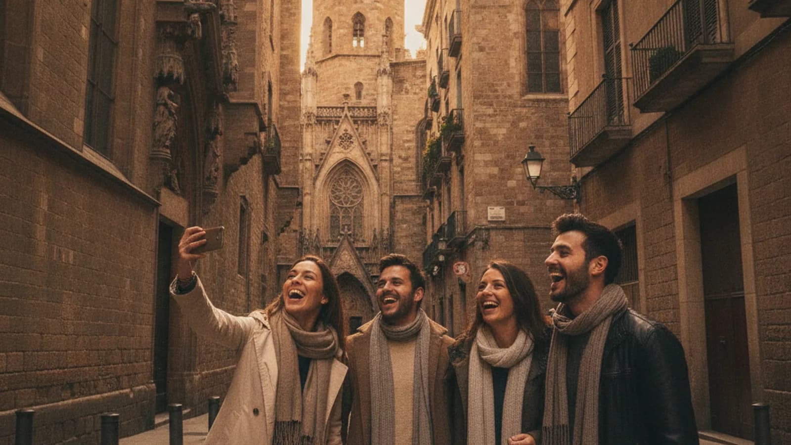 Un grupo de amigos riendo mientras apuntan un móvil a una fachada gótica en el Barrio Gótico de Barcelona, con detalles arquitectónicos históricos visibles.
