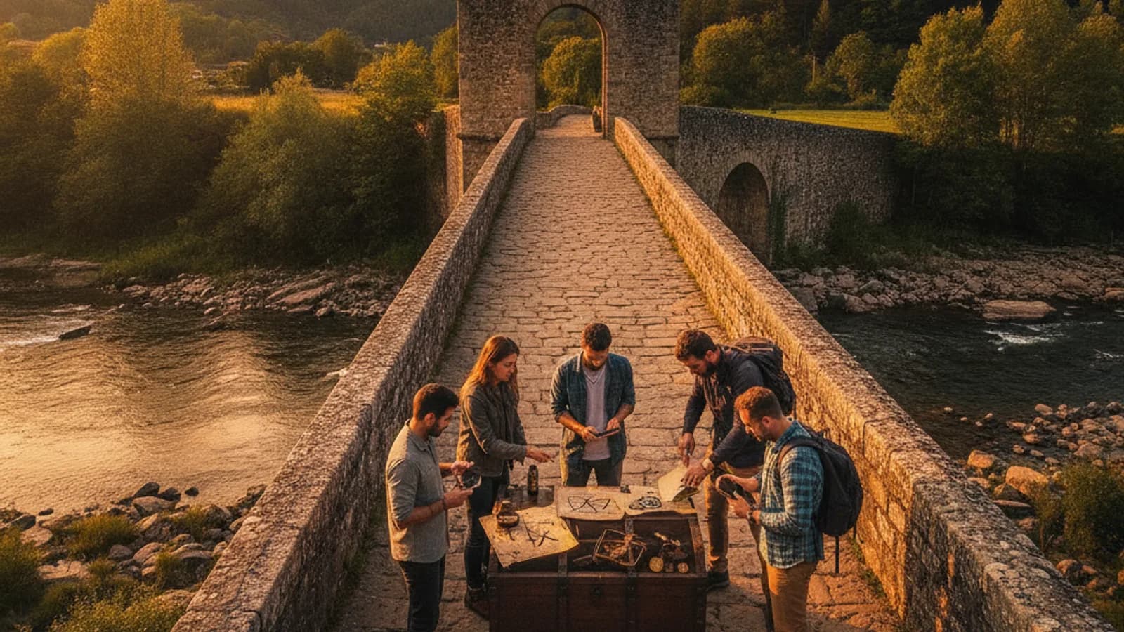 Un equipo de personas resolviendo un enigma en el Puente Romano de Cangas de Onís, con el río Sella y el entorno natural de fondo.