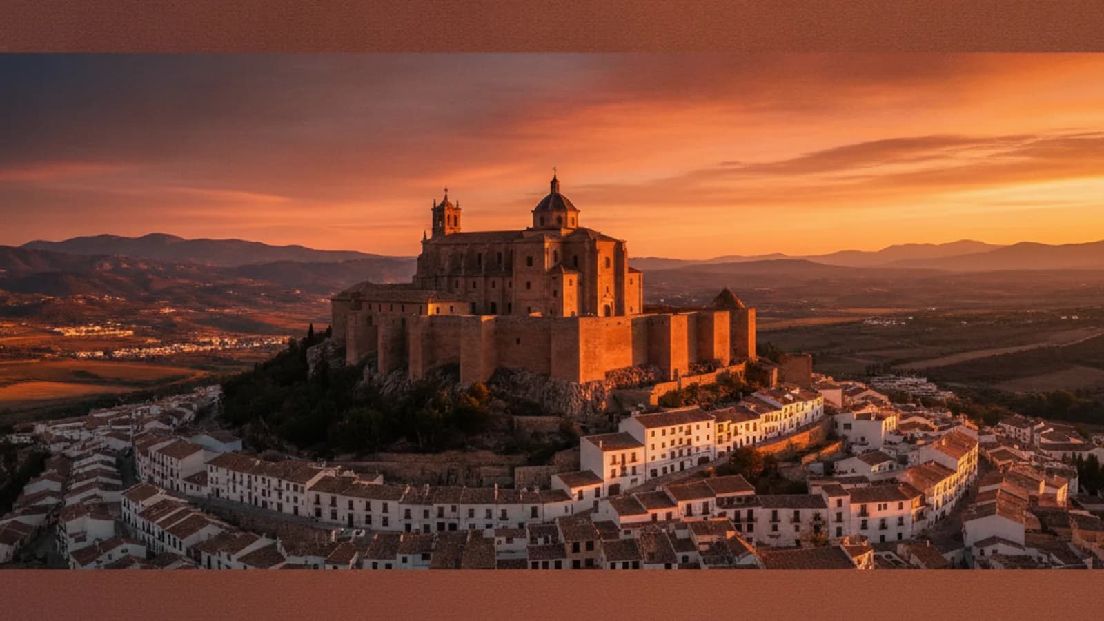 Vista panorámica del Santuario de la Vera Cruz en Caravaca de la Cruz, coronando la ciudad al atardecer, con la silueta del castillo y las casas blancas.