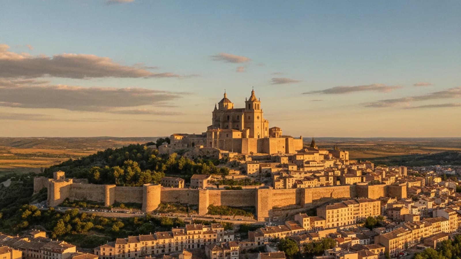 Vista panorámica de Caravaca de la Cruz, con el imponente Santuario de la Vera Cruz en lo alto del cerro, dominando el perfil de la ciudad histórica bajo un cielo azul.