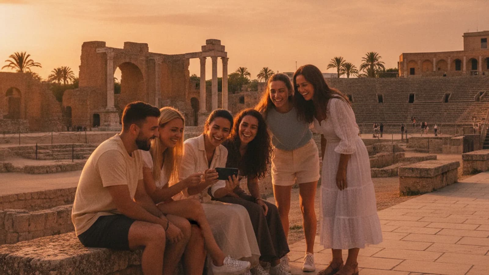 Un grupo de amigos sonriendo mientras consultan un móvil en el Teatro Romano de Cartagena, con el monumento de fondo al atardecer.