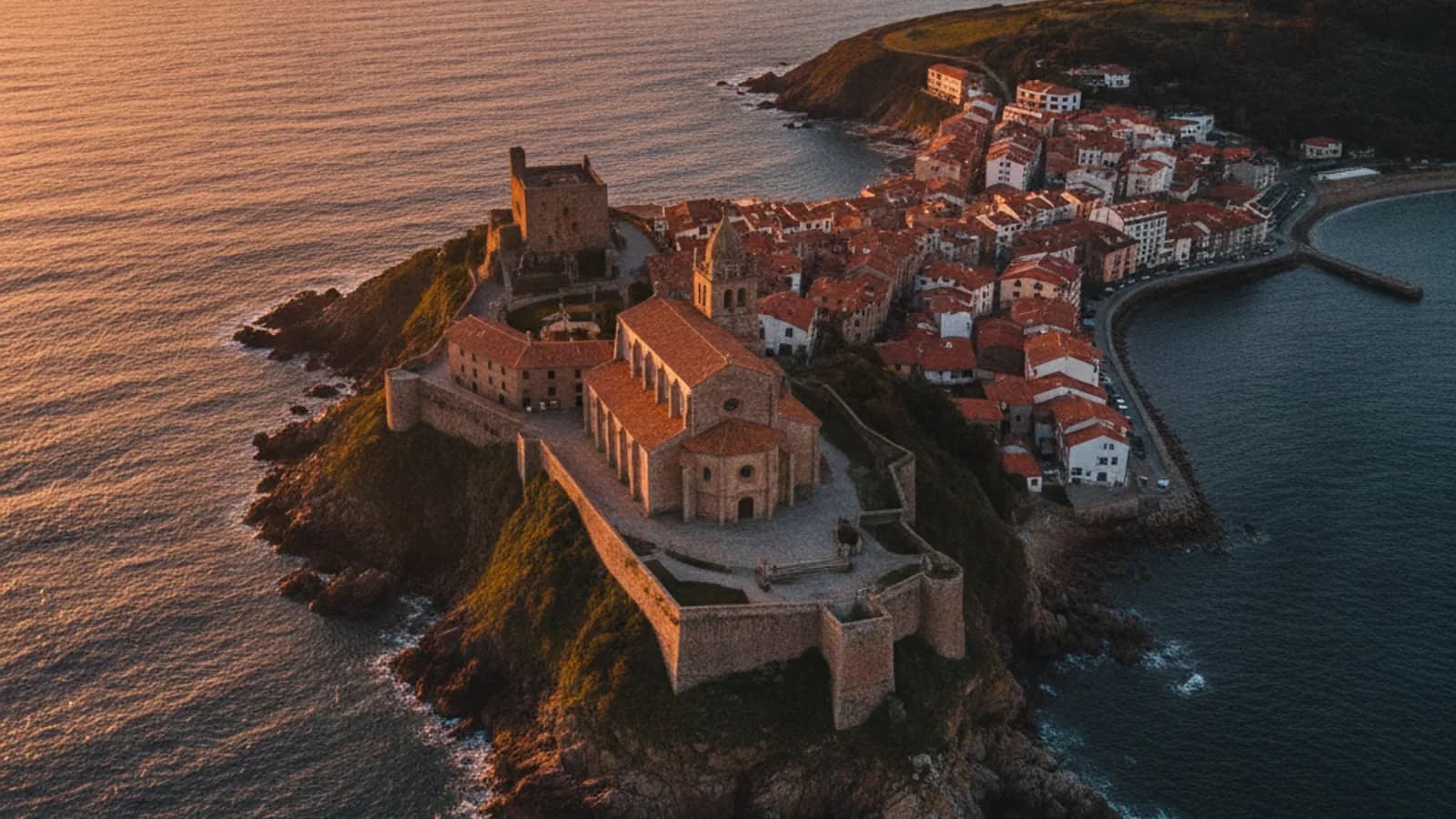Vista aérea del casco antiguo de Castro Urdiales con la Iglesia de Santa María de la Asunción y el Castillo de Santa Ana asomados al mar Cantábrico al atardecer.