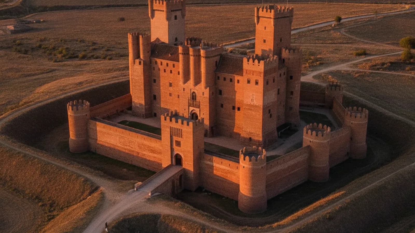 Vista panorámica del imponente Castillo de Coca, de estilo gótico mudéjar, al atardecer, destacando sus torres y foso.