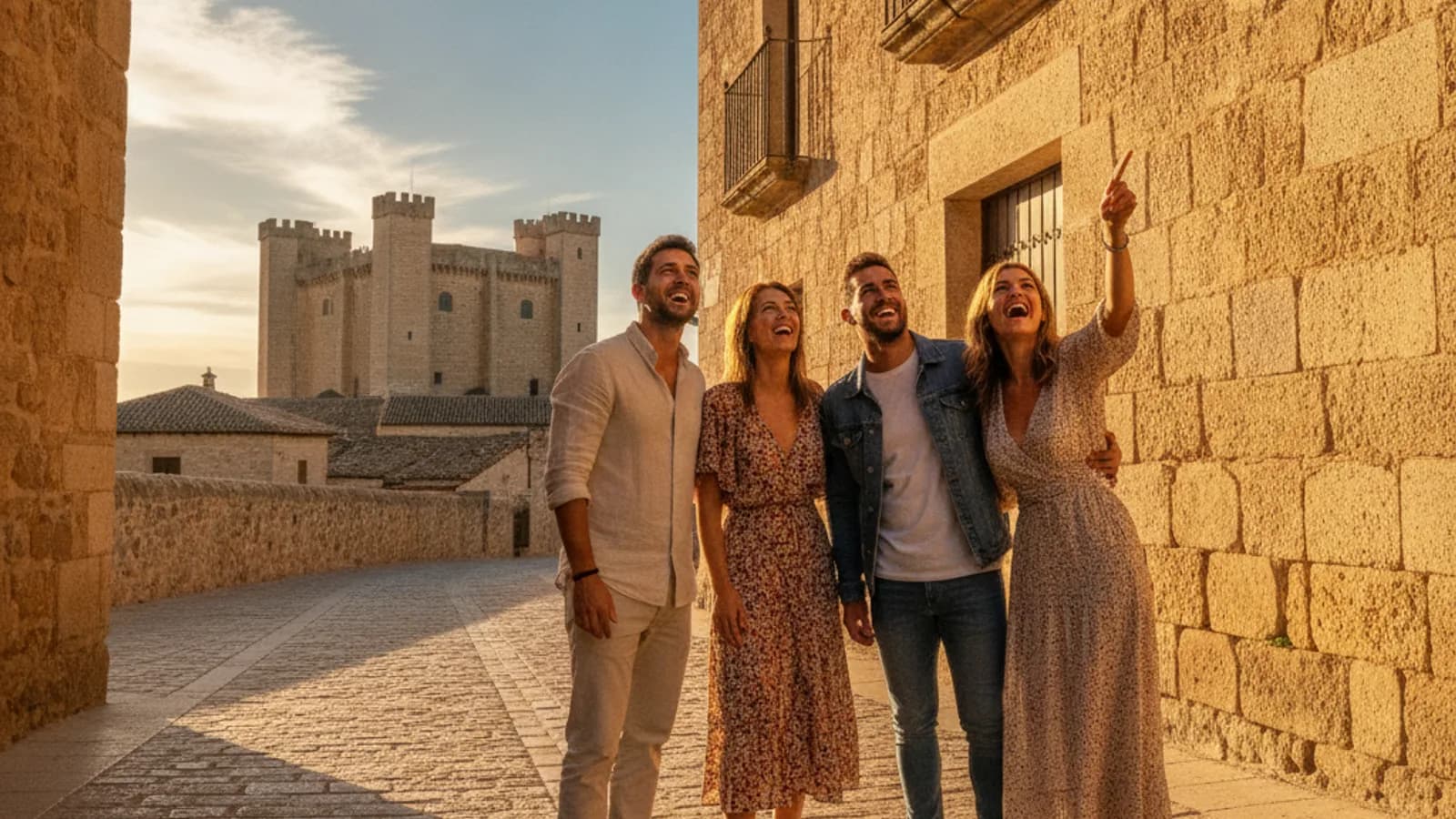 Un grupo de amigos riendo mientras señalan un detalle arquitectónico en una calle empedrada de Cuéllar, con el Castillo al fondo, bajo un cielo azul.
