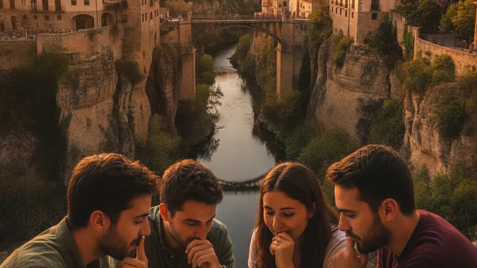 Vista aérea de las Casas Colgadas de Cuenca al atardecer, con el puente de San Pablo y la hoz del Huécar, mientras un equipo de amigos resuelve un enigma en primer plano con un móvil en mano.