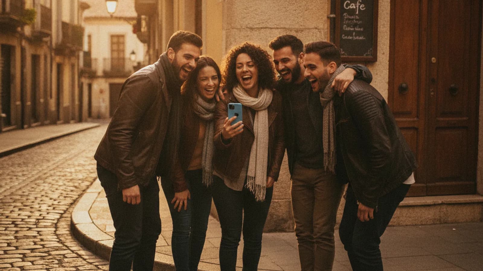 Un grupo de amigos se ríe mirando un móvil en la esquina de una calle empedrada