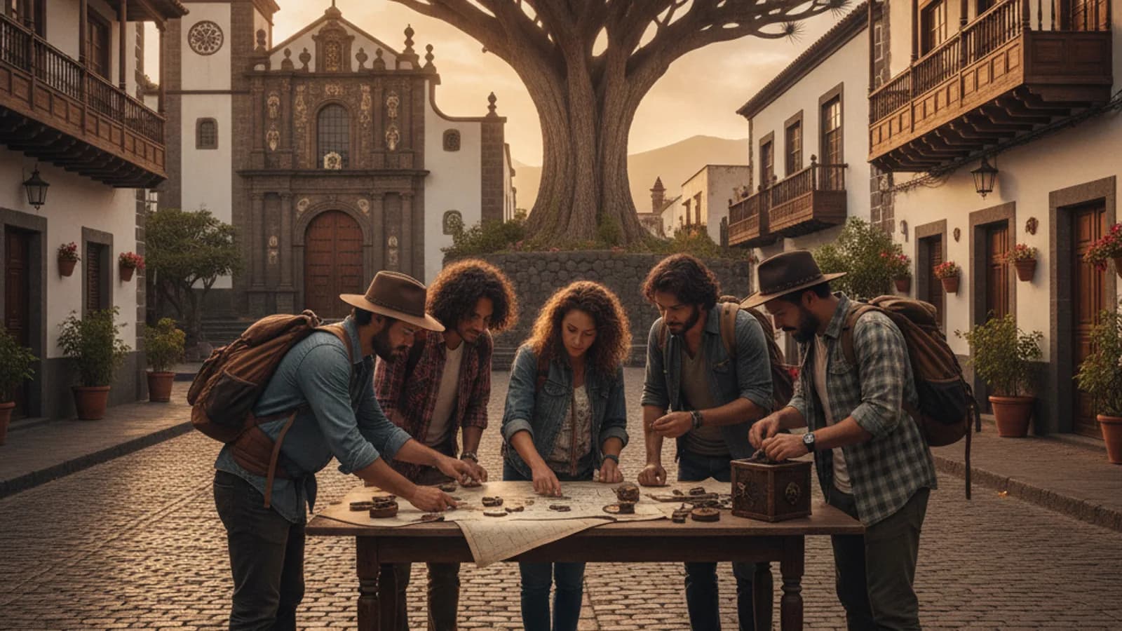 Un equipo de personas resolviendo un enigma en una calle empedrada de Icod de los Vinos, con la Iglesia de San Marcos al fondo y el Drago Milenario asomando.