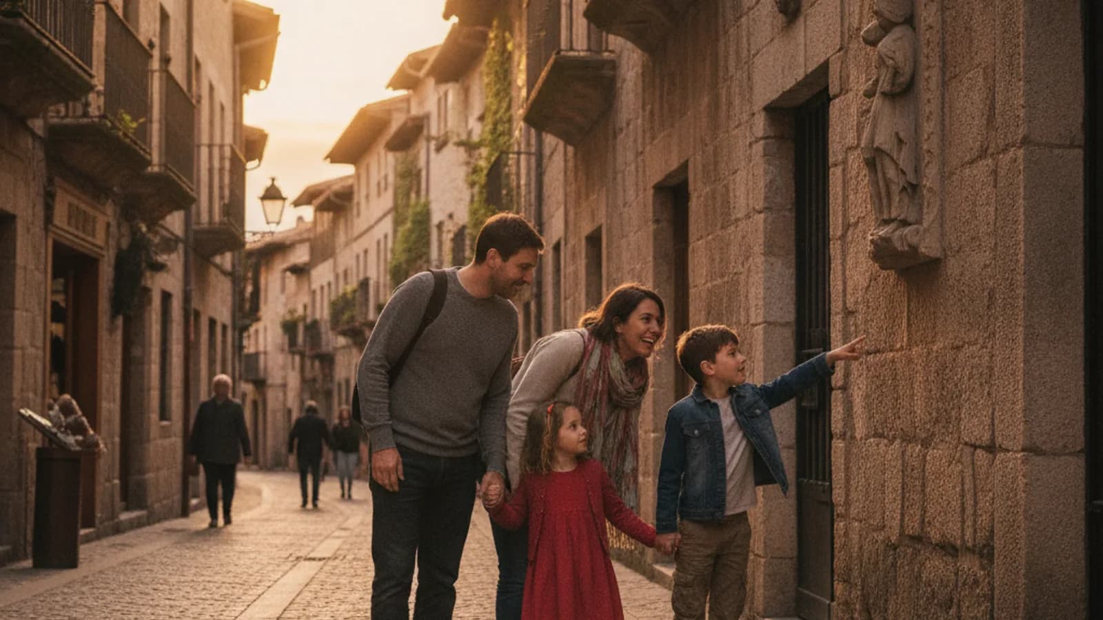 Una familia camina por una calle antigua; el niño señala un detalle en una fachada