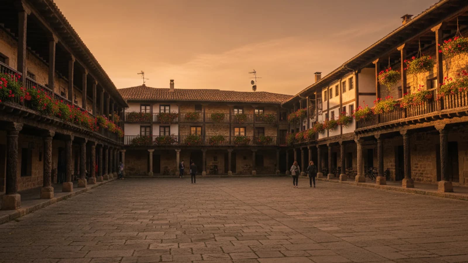 Una vista de la icónica Plaza Mayor de La Alberca con sus soportales de madera y casas tradicionales, un día soleado
