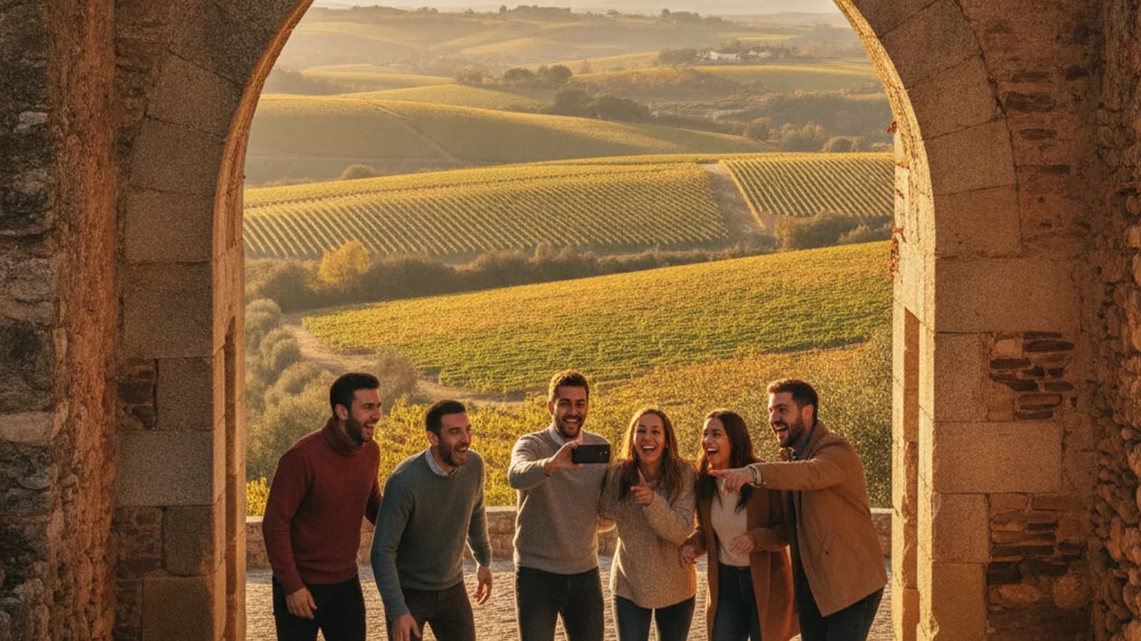 Grupo de amigos riendo y señalando un pórtico medieval de Laguardia mientras sostienen un móvil, con viñedos de fondo.