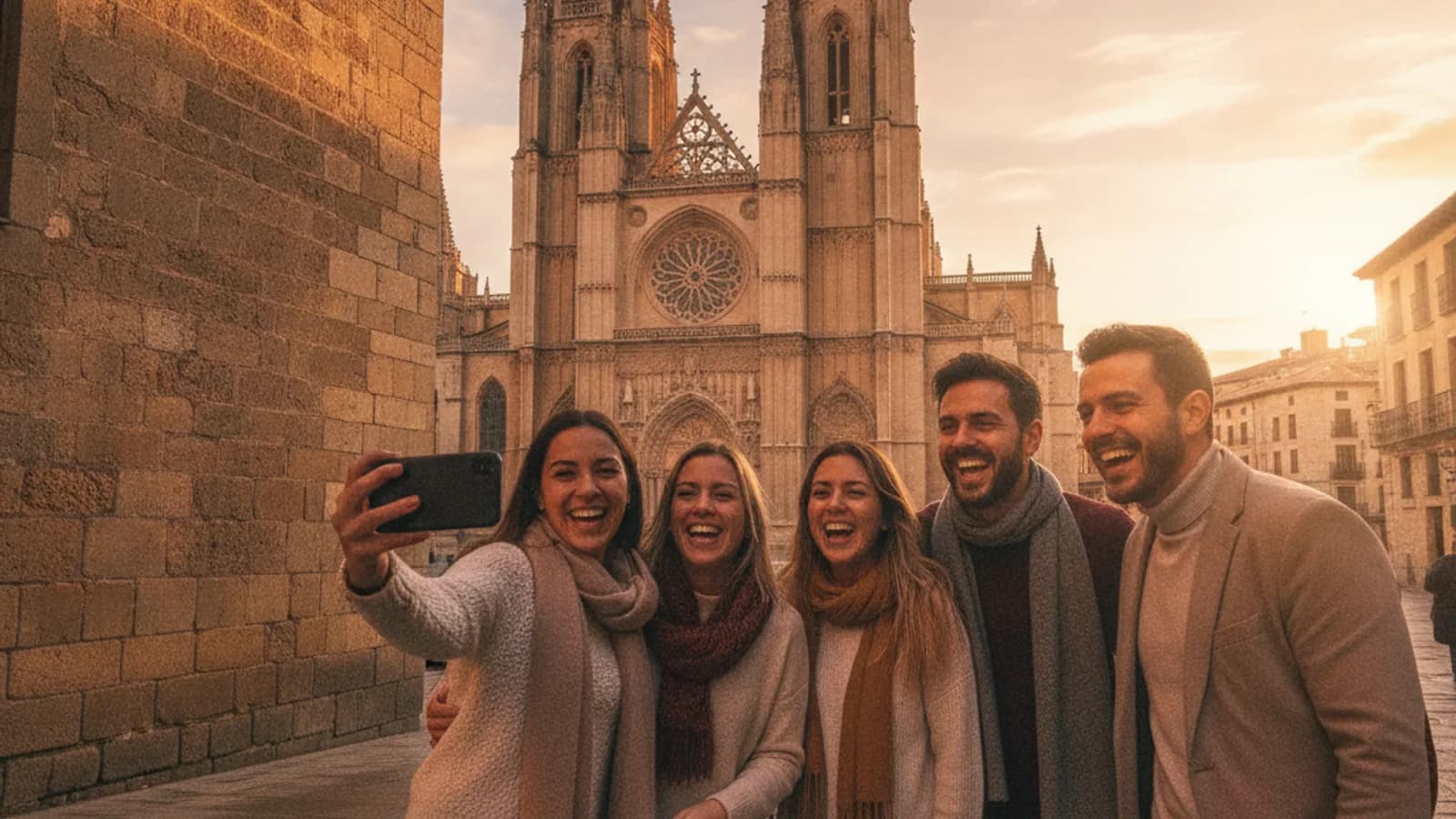 Un grupo de amigos sonriendo mientras sostienen un móvil apuntando a una fachada antigua en el Barrio Húmedo de León, con la Catedral al fondo.