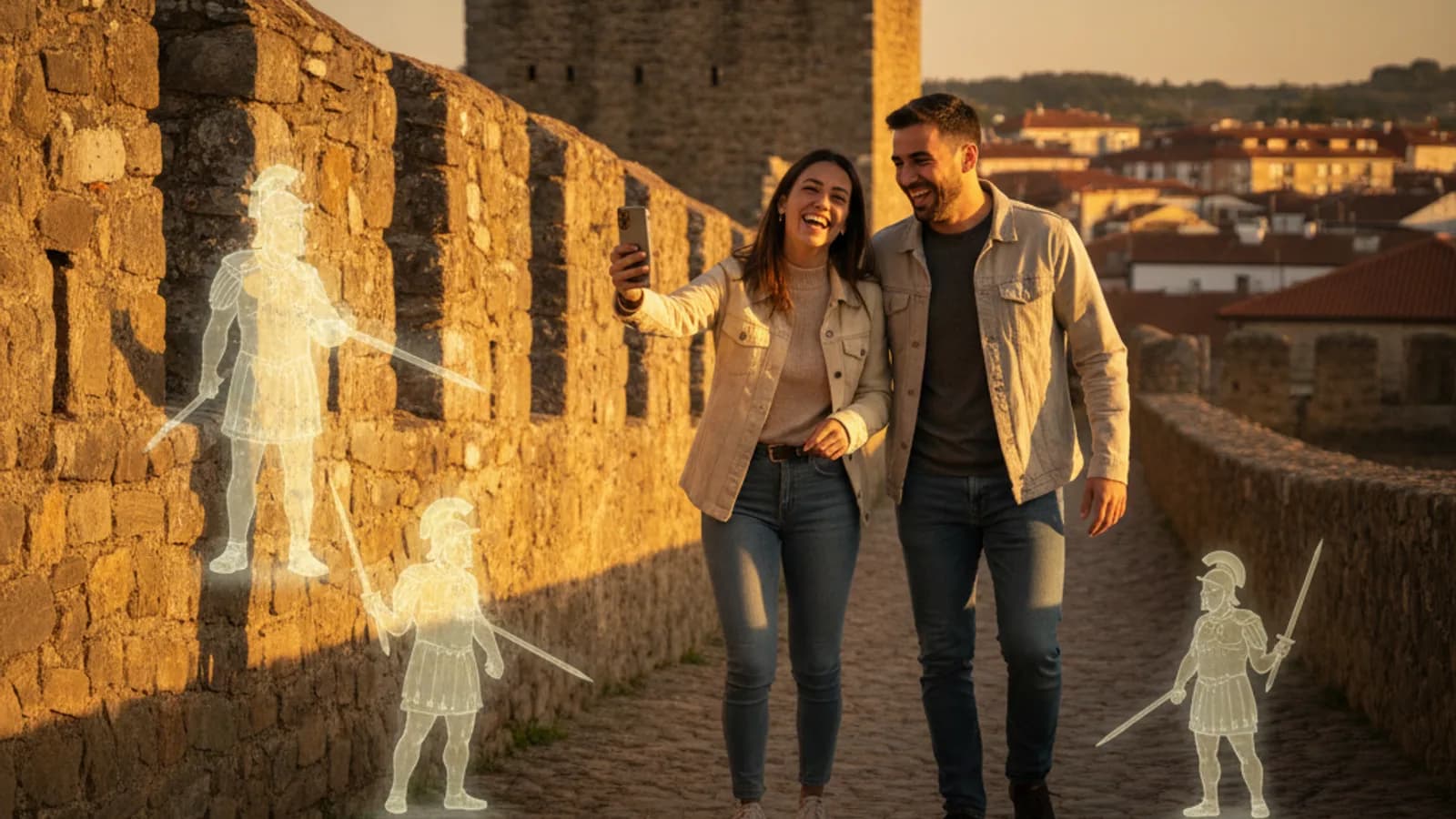 Pareja joven riendo mientras exploran la Muralla Romana de Lugo con un móvil en la mano, interactuando con la realidad aumentada.