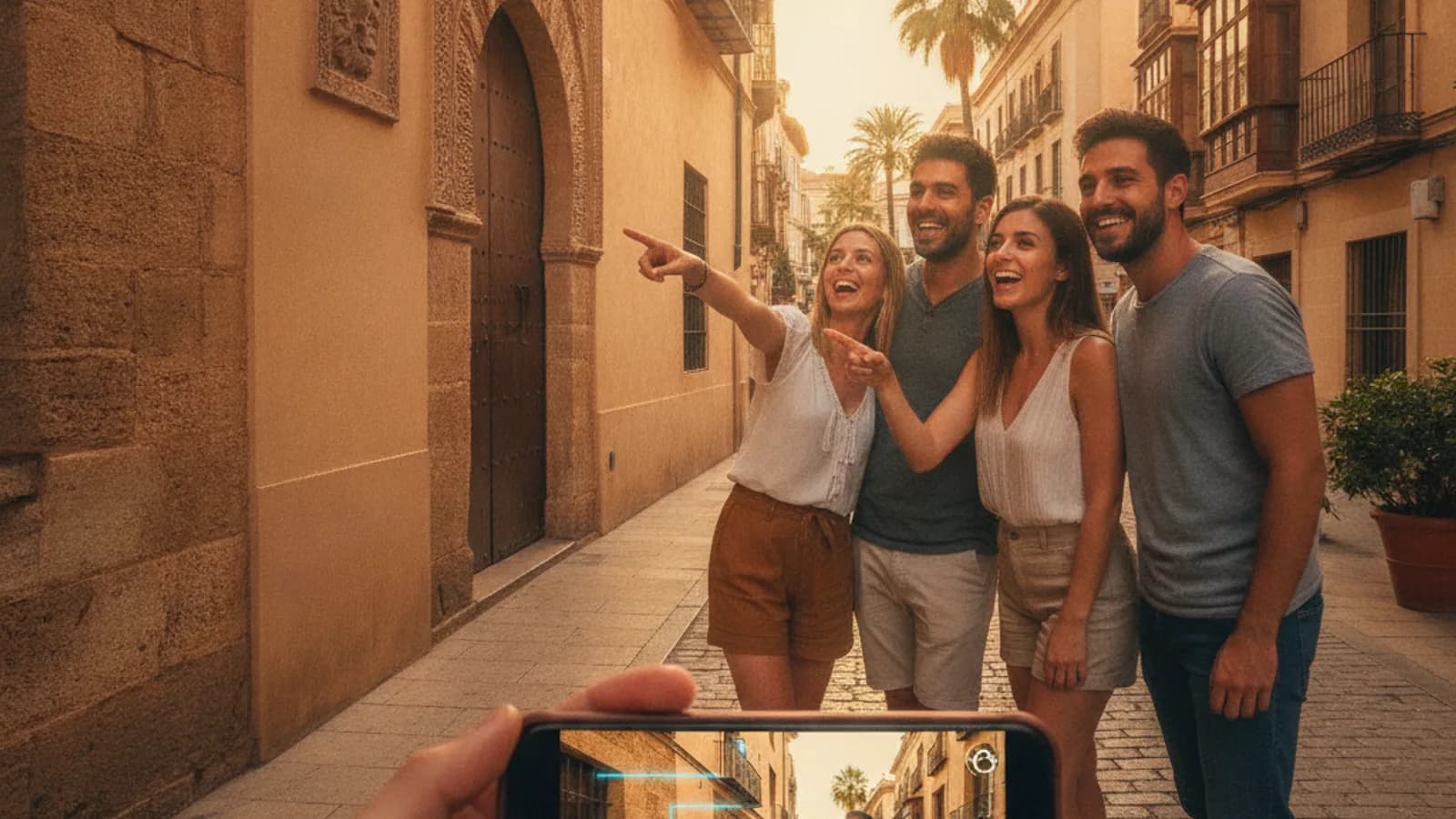 Un grupo de amigos sonriendo y señalando un detalle arquitectónico en una calle soleada de Málaga, con un teléfono móvil en primer plano mostrando una superposición de realidad aumentada sobre la fachada.