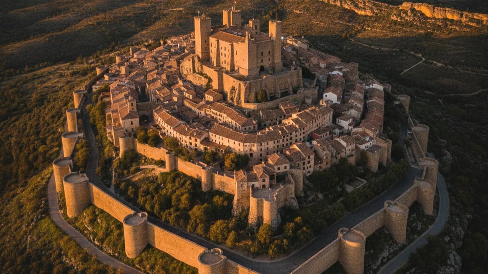 Vista aérea de Morella, con su imponente castillo coronando la ciudad medieval, rodeada por sus murallas y el paisaje montañoso