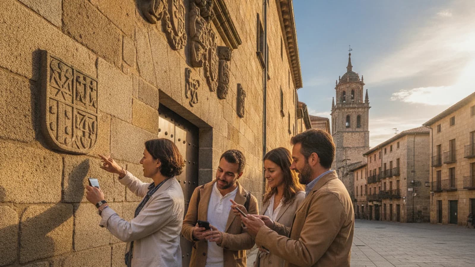 Un equipo de amigos explorando el casco antiguo de Oviedo, con el móvil en mano, desvelando un enigma en una fachada histórica bajo un cielo azul.