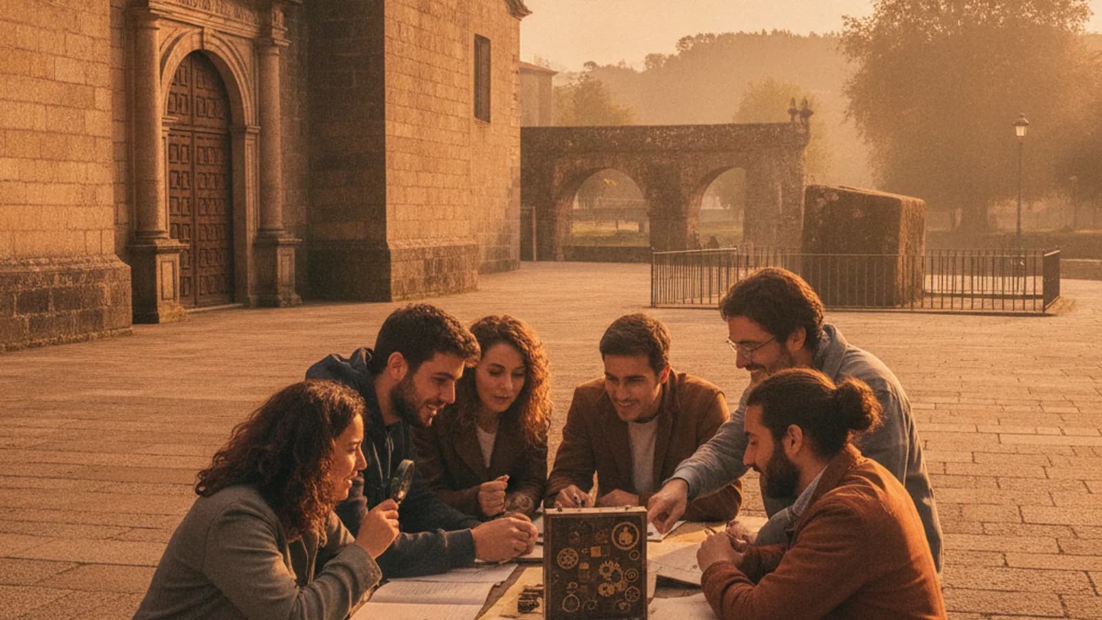 Equipo de amigos resolviendo un enigma frente a la Iglesia de Santiago en Padrón, con el Pedrón visible al fondo