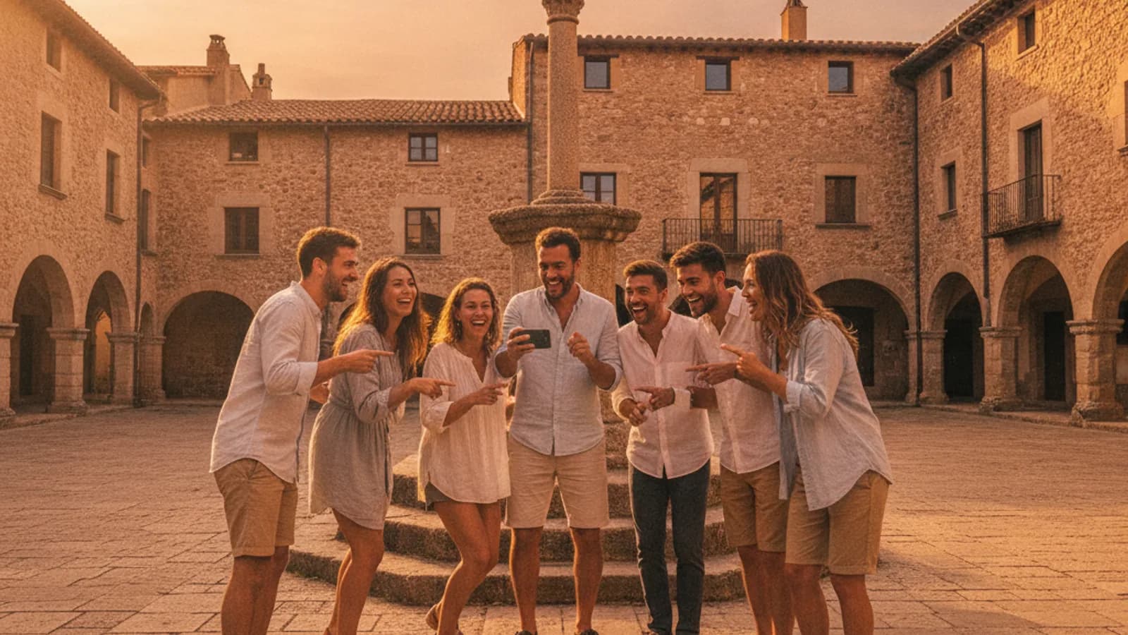 Grupo de amigos riendo y señalando un monumento en la Plaça Major de Pals mientras miran un móvil, en un día soleado.