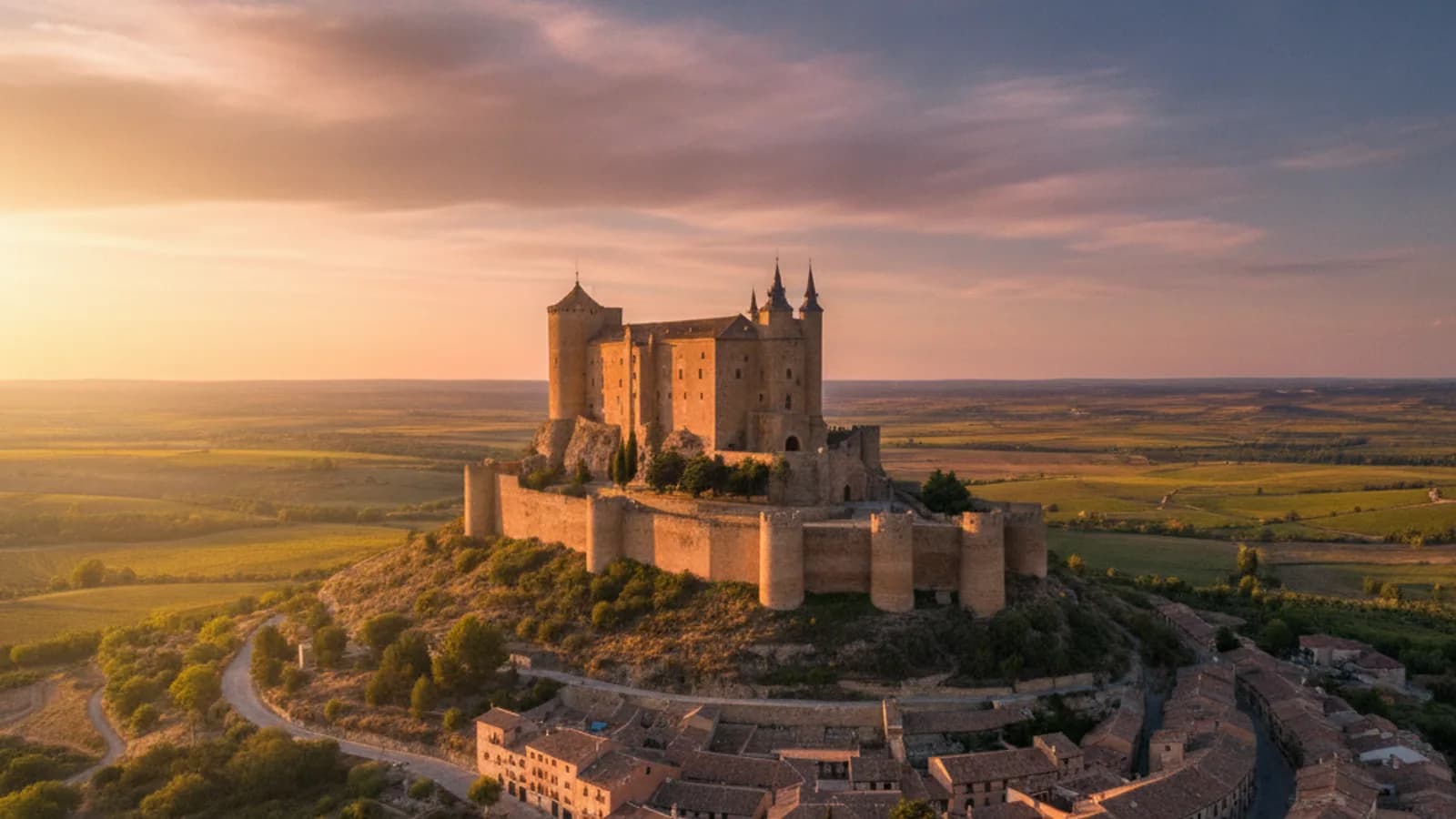 Vista panorámica del Castillo de Peñafiel en lo alto de una colina, con el pueblo a sus pies y un cielo azul intenso.