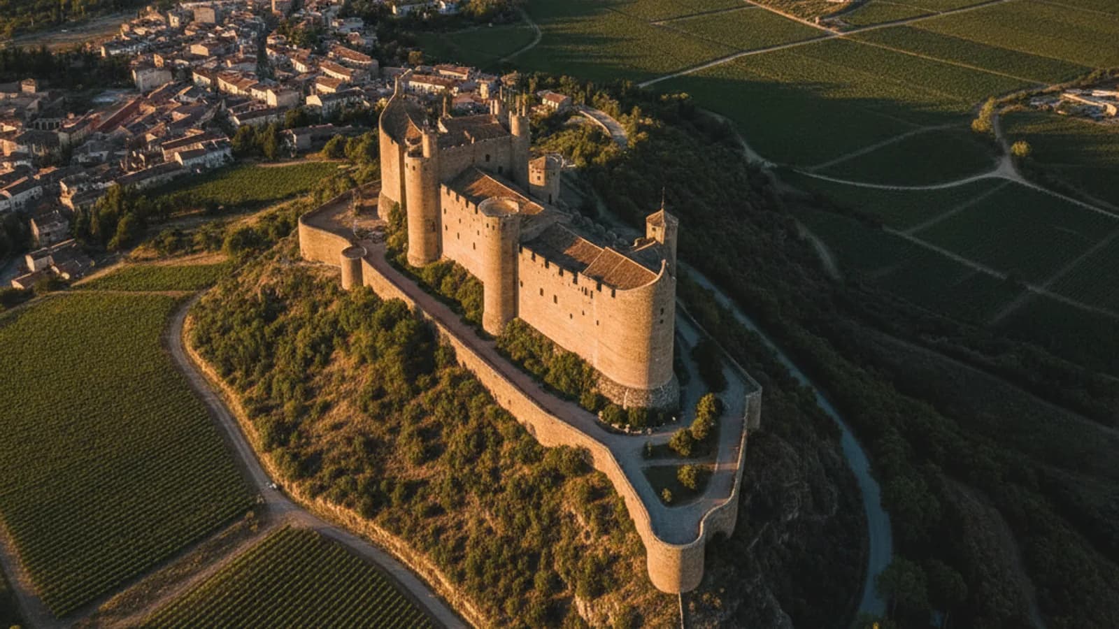 Vista aérea del imponente Castillo de Peñafiel, en forma de navío, sobre el cerro que domina la villa y los viñedos de la Ribera del Duero, con el río Duratón serpenteando al fondo.