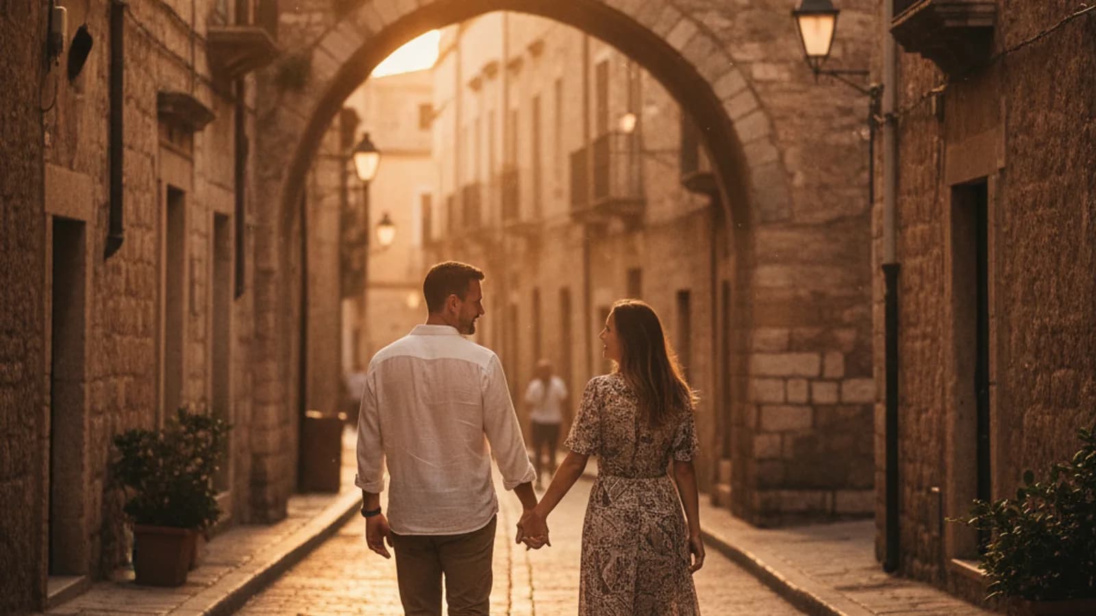 Una pareja cómplice camina de la mano por un casco antiguo al atardecer