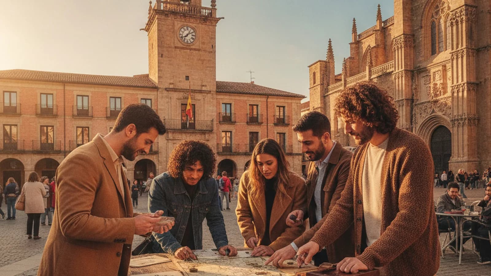 Un equipo de amigos resolviendo un enigma en la Plaza Mayor de Plasencia, con la Torre del Reloj al fondo y la Catedral a un lado, bajo un cielo azul.