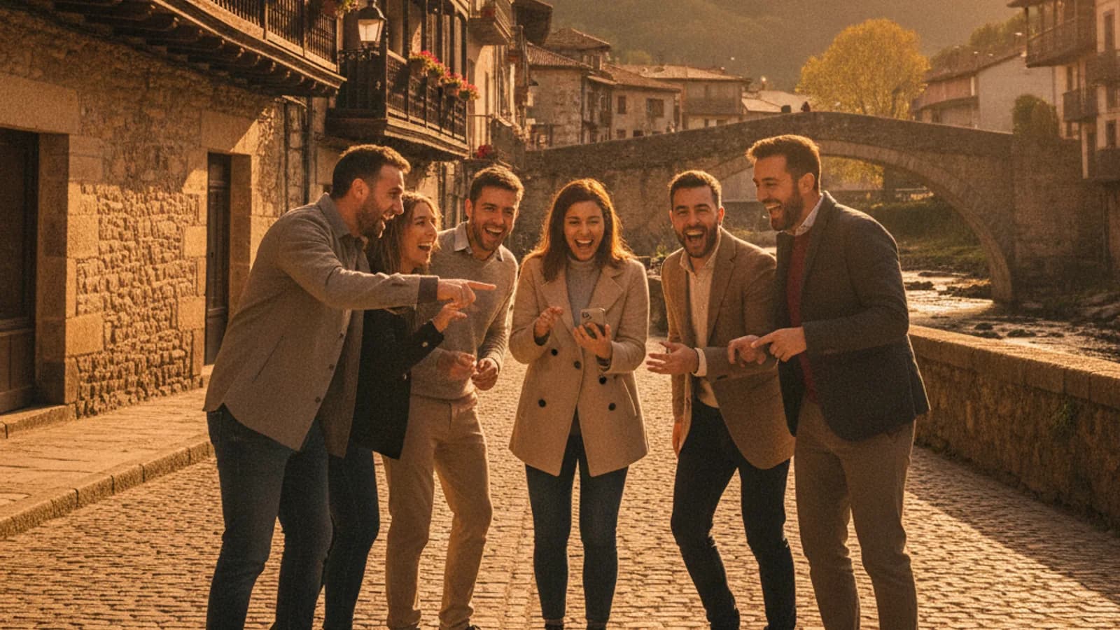 Un grupo de compañeros de trabajo riendo y señalando un punto en la calle de Potes, con fachadas de piedra y el río de fondo, mientras interactúan con un móvil.