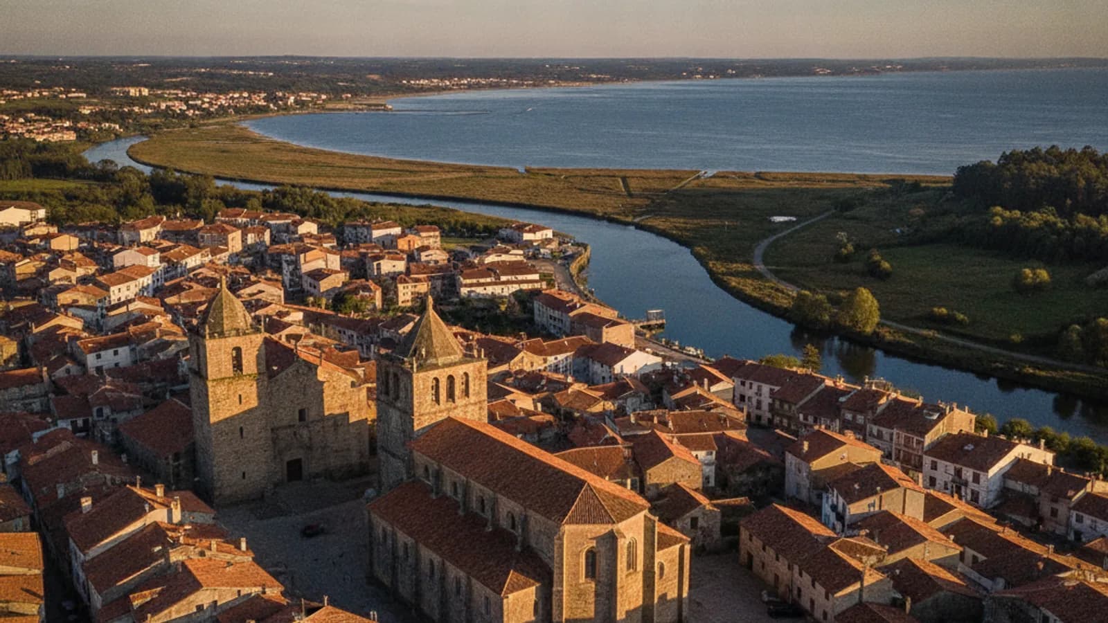 Vista aérea del casco histórico de Betanzos, con la Iglesia de Santiago y sus tejados rojizos bajo un cielo azul, destacando el río Mandeo y la ría.