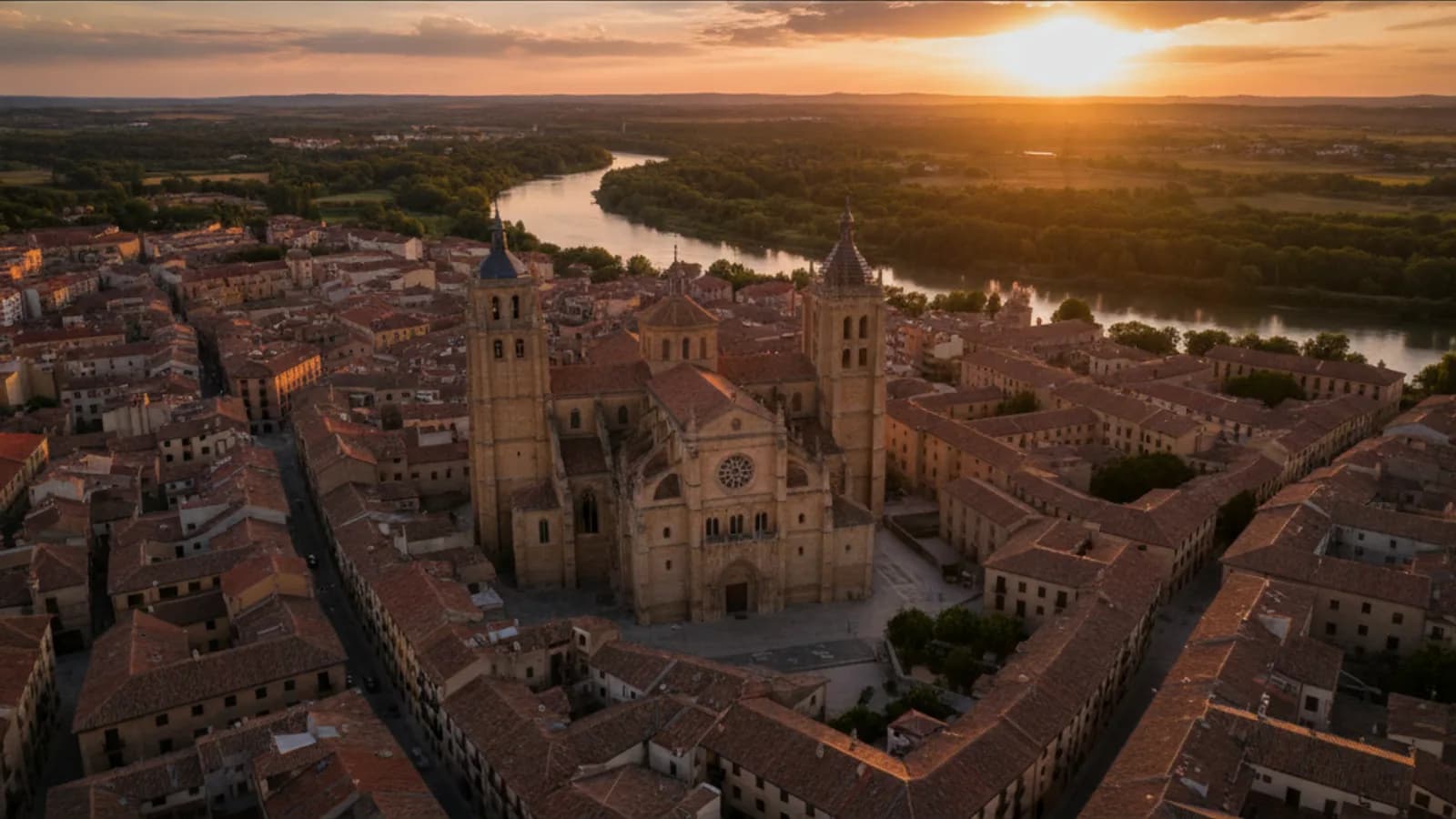 Vista aérea de la Catedral de Tudela y el casco histórico al atardecer, con el río Ebro al fondo.