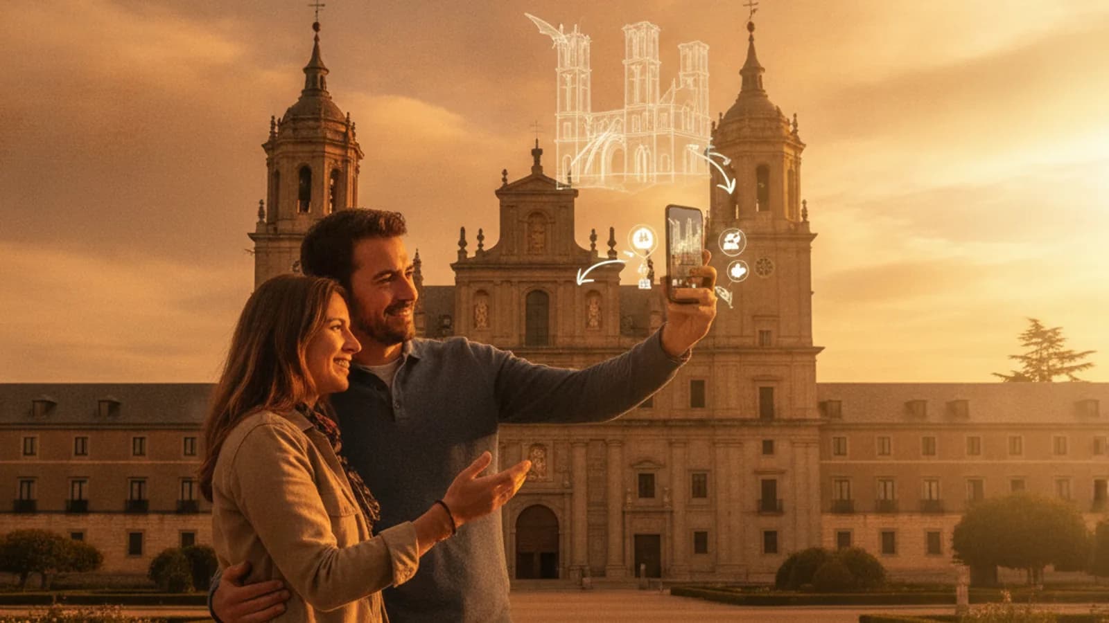 Una pareja sonríe mientras apunta un teléfono móvil hacia la fachada del Monasterio de El Escorial, con elementos de realidad aumentada superpuestos en la pantalla.