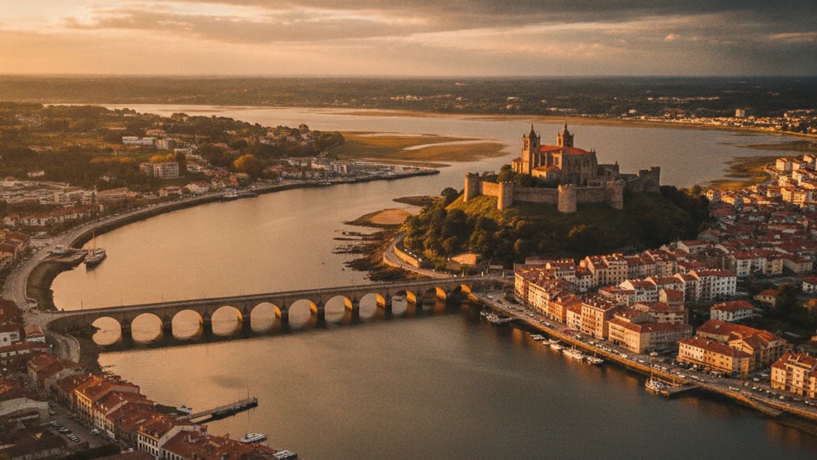 Vista panorámica de San Vicente de la Barquera con la Iglesia de Santa María de los Ángeles y el Castillo del Rey, el estuario y el Puente de la Maza, bajo un cielo nublado.