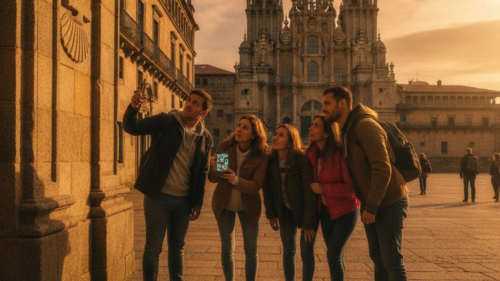 Un grupo de amigos observando un detalle arquitectónico en la Plaza del Obradoiro de Santiago de Compostela, con la Catedral al fondo, resolviendo un enigma con un móvil.