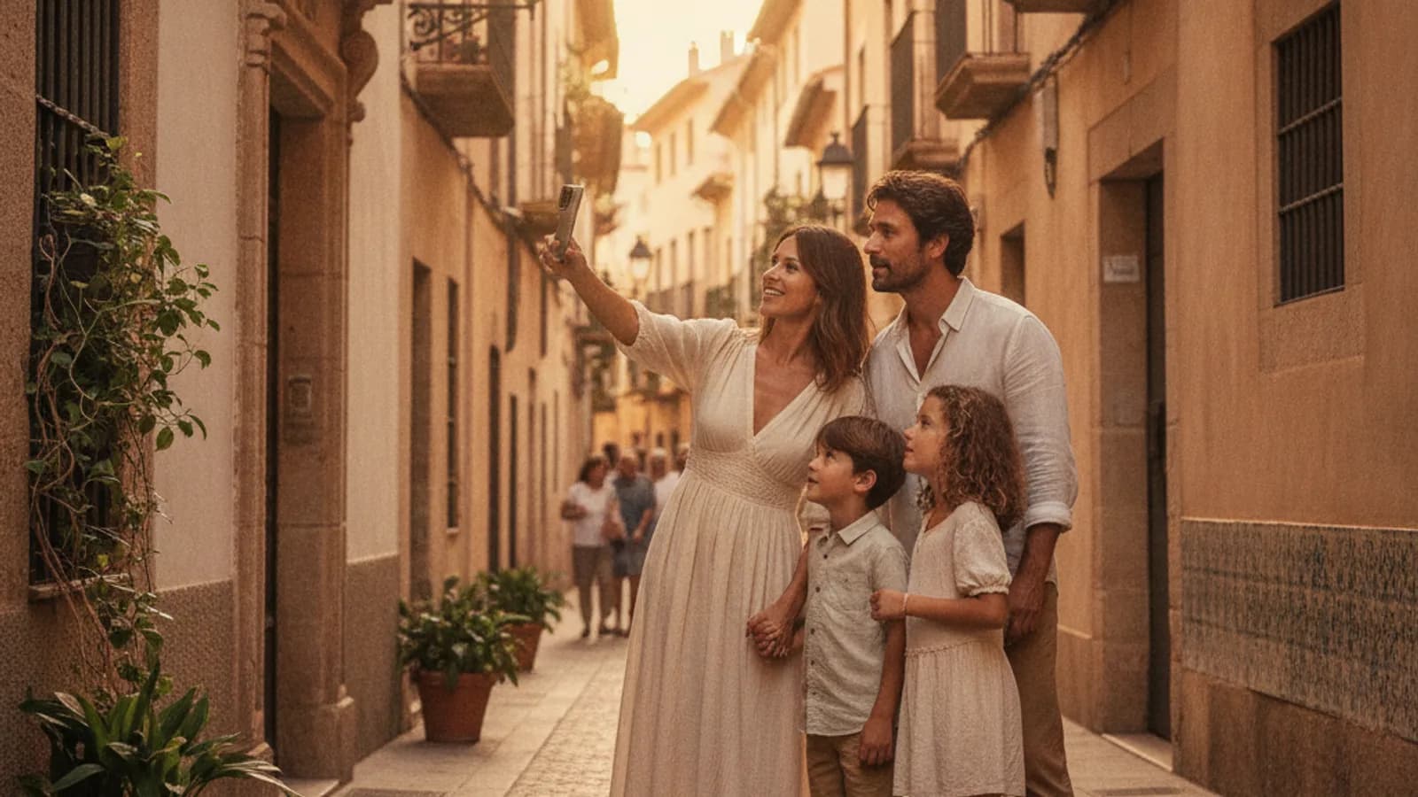 Familia con niños en Sitges, explorando las calles del casco antiguo, señalando una fachada con un móvil