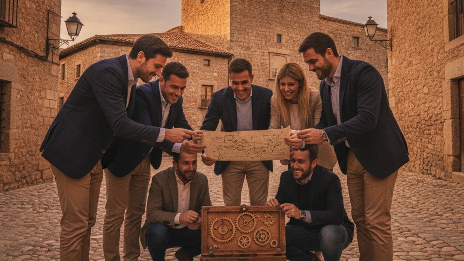 Equipo de compañeros de empresa resolviendo un enigma en las calles empedradas de Sos del Rey Católico, con el Palacio de Sada al fondo.
