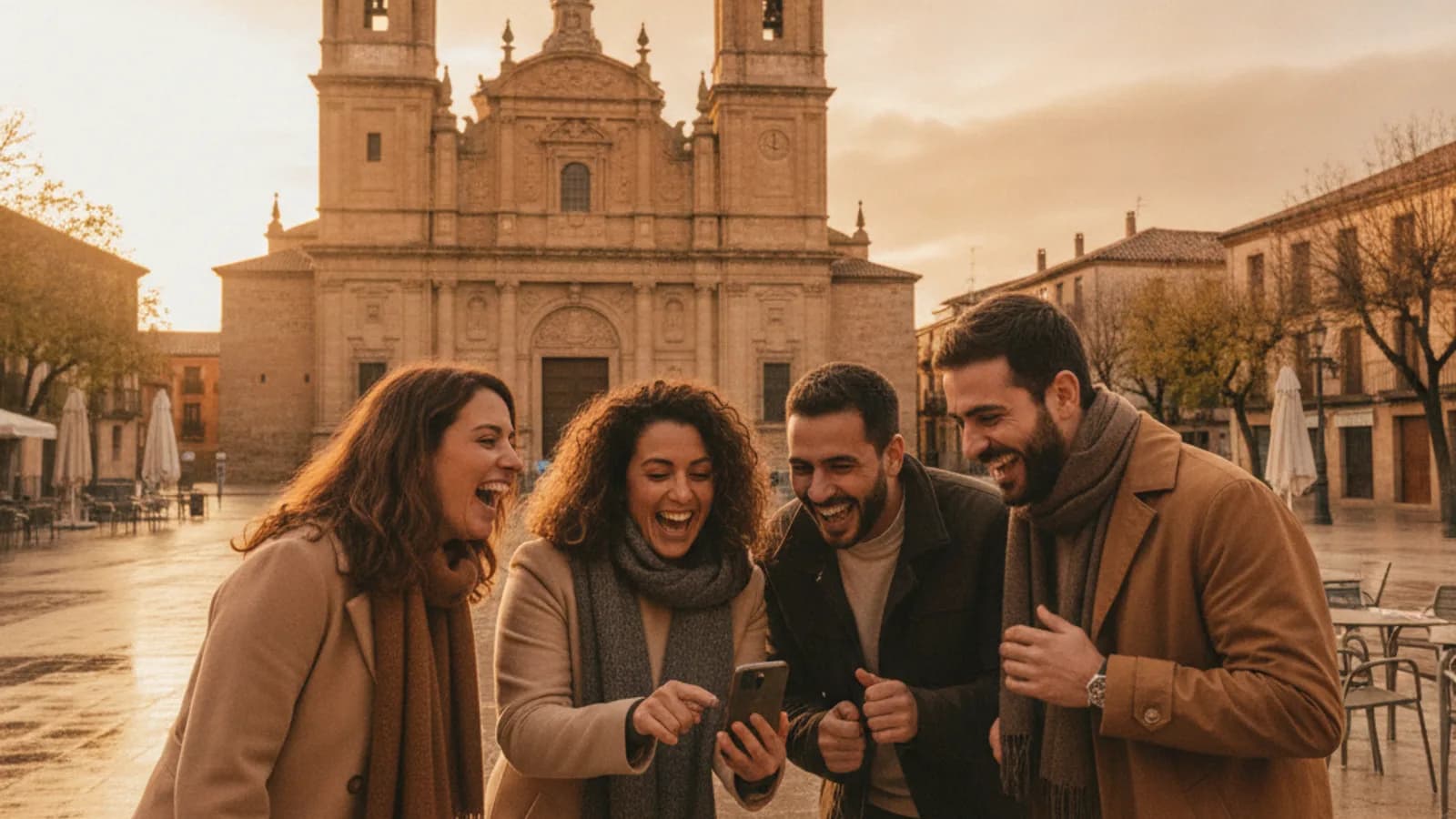 Un grupo de amigos riendo mientras miran el móvil en la Plaza del Pan de Talavera de la Reina, con la Basílica de Nuestra Señora del Prado al fondo
