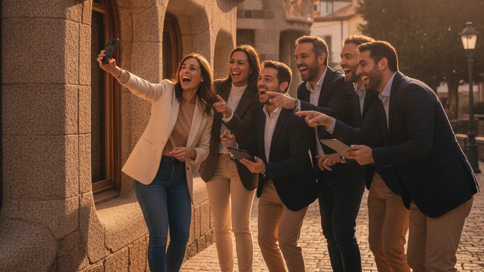 Un grupo de compañeros de empresa riendo y señalando un detalle arquitectónico en la calle, con un móvil en mano, en el contexto de un team building en Comillas.