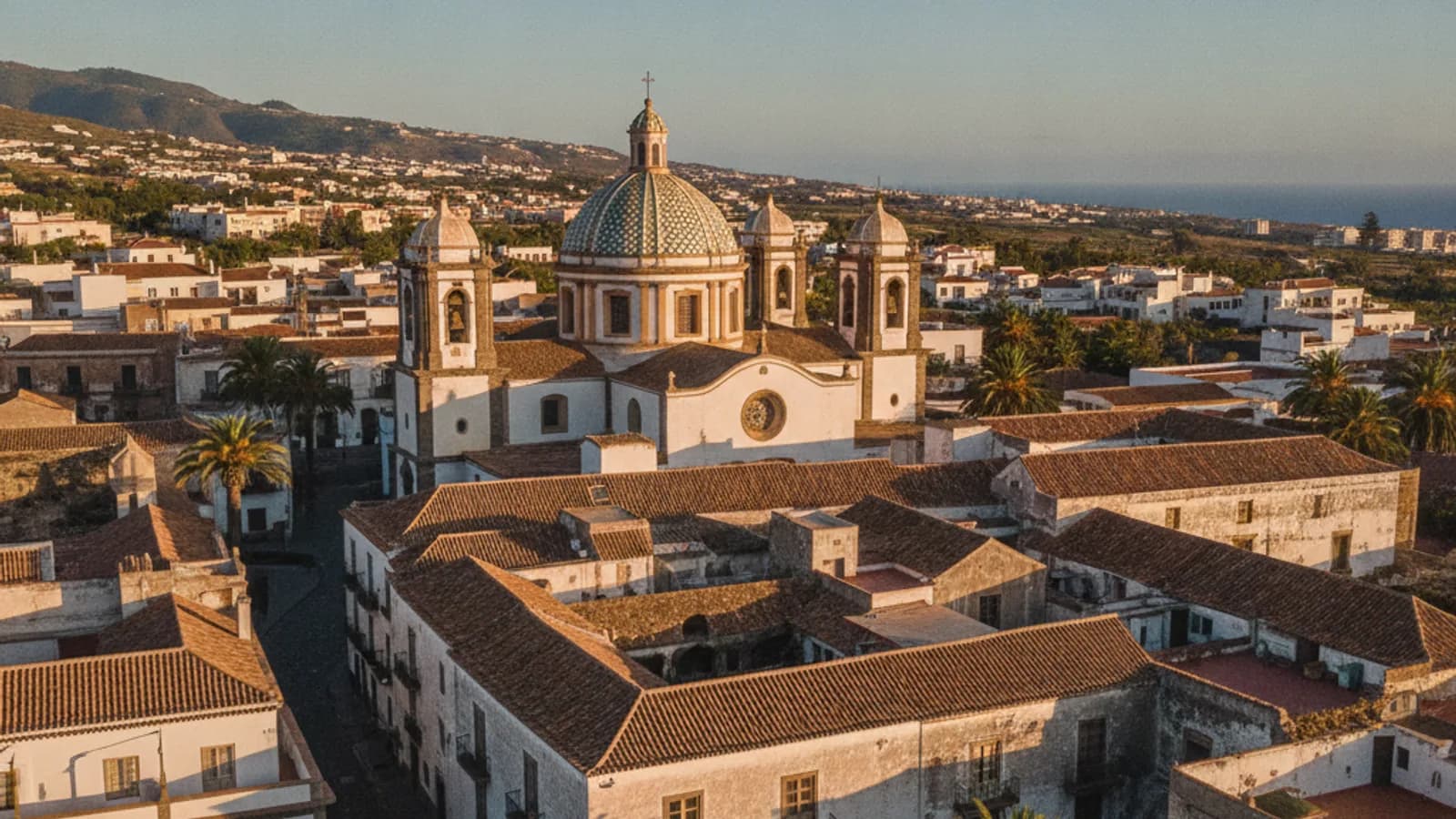 Vista aérea del casco histórico de Telde, Gran Canaria, con tejados antiguos y la cúpula de una iglesia bajo un cielo azul