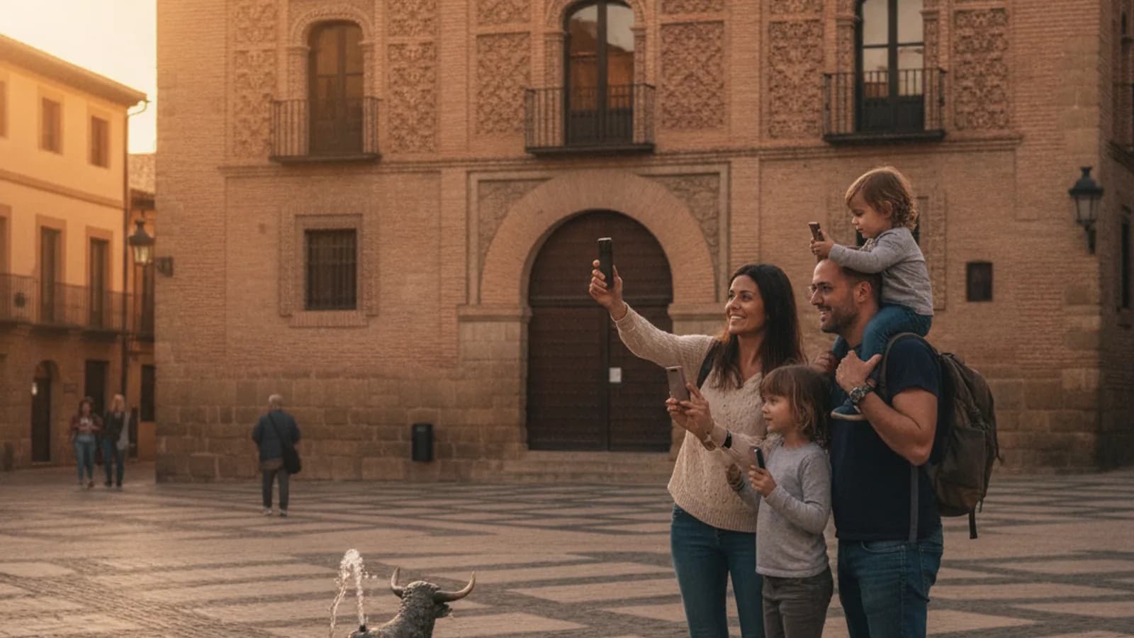 Una familia con niños pequeños, con el móvil en la mano, señalando una fachada histórica en la Plaza del Torico de Teruel, con la fuente en primer plano.