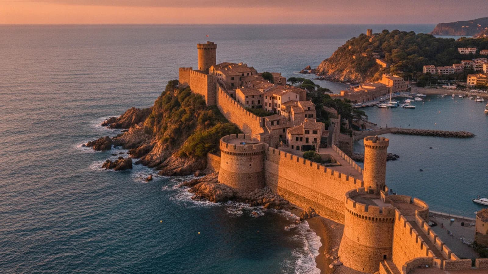 Vista panorámica de la Vila Vella de Tossa de Mar con sus murallas y torres medievales iluminadas al atardecer, bañadas por el mar Mediterráneo.