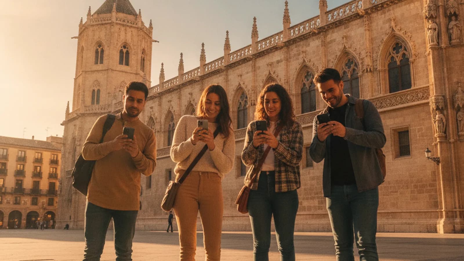 Un equipo de amigos explorando el centro histórico de Valencia con el móvil en mano, buscando pistas en la arquitectura gótica de la Lonja de la Seda bajo un cielo despejado.