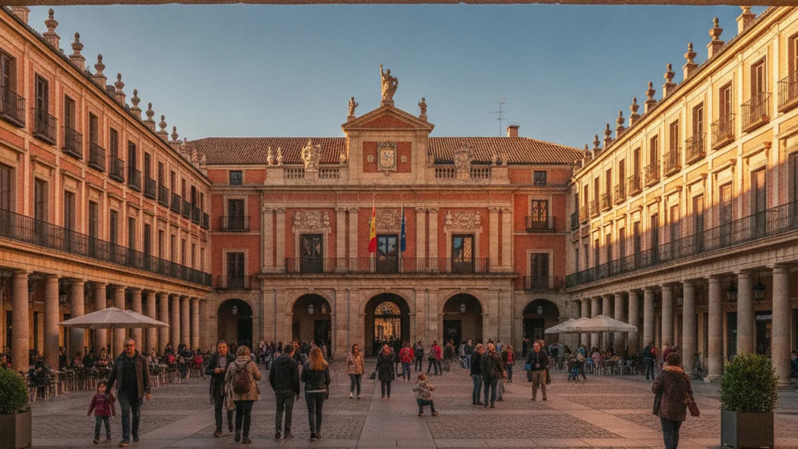 Vista panorámica de la Plaza Mayor de Valladolid, con sus soportales, el edificio del Ayuntamiento y gente paseando