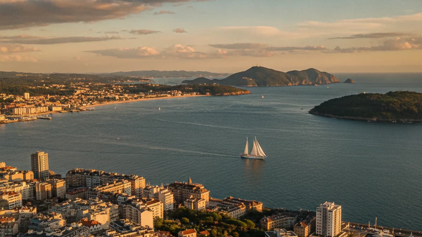Vista panorámica de la ría de Vigo con las Cíes al fondo, un velero navegando y la ciudad costera en primer plano bajo un cielo azul con nubes dispersas.