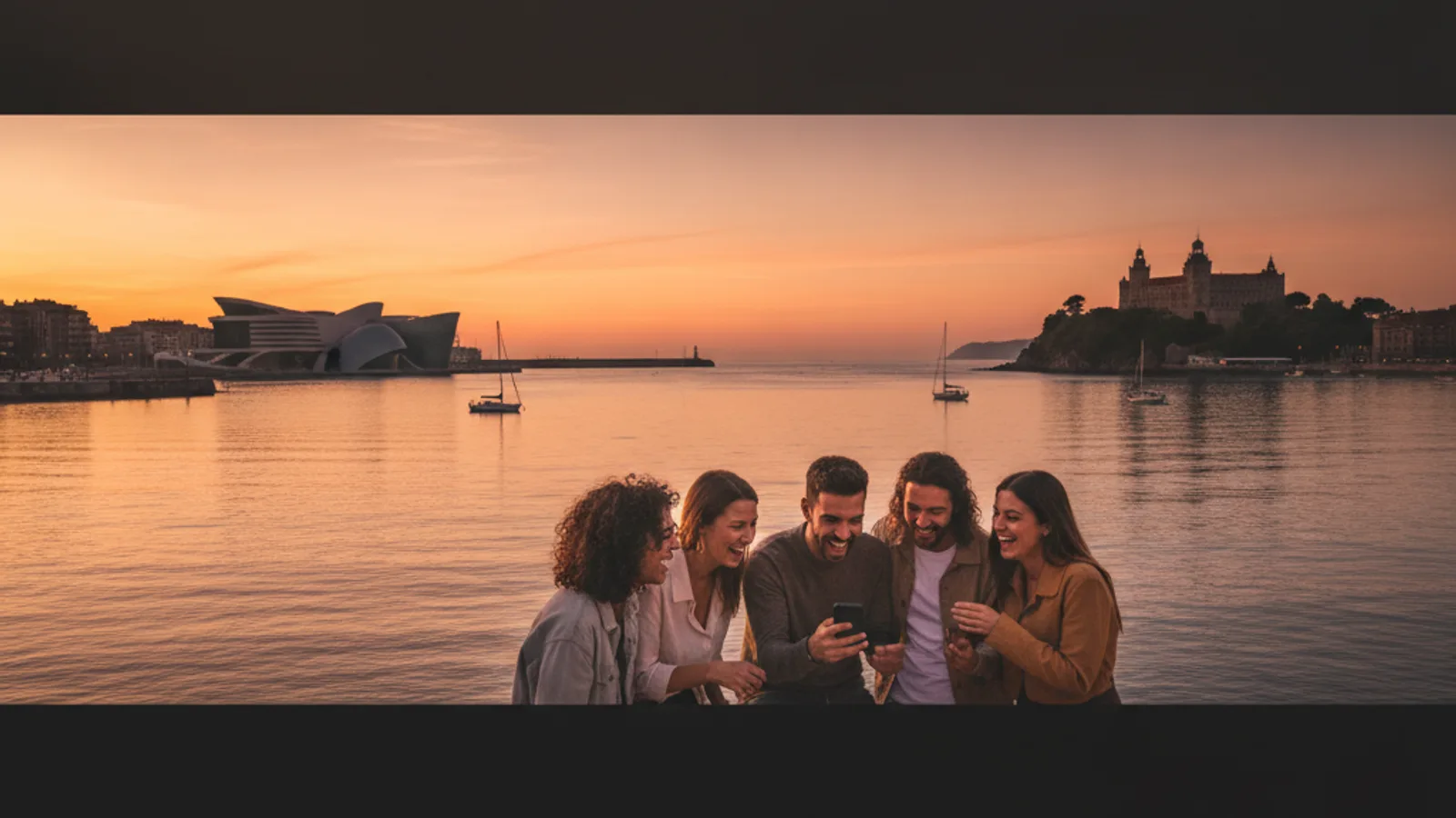 Vista panorámica de la bahía de Santander al atardecer, con el Palacio de la Magdalena y el Centro Botín al fondo, y un grupo de amigos riendo mientras miran un móvil, en primer plano.