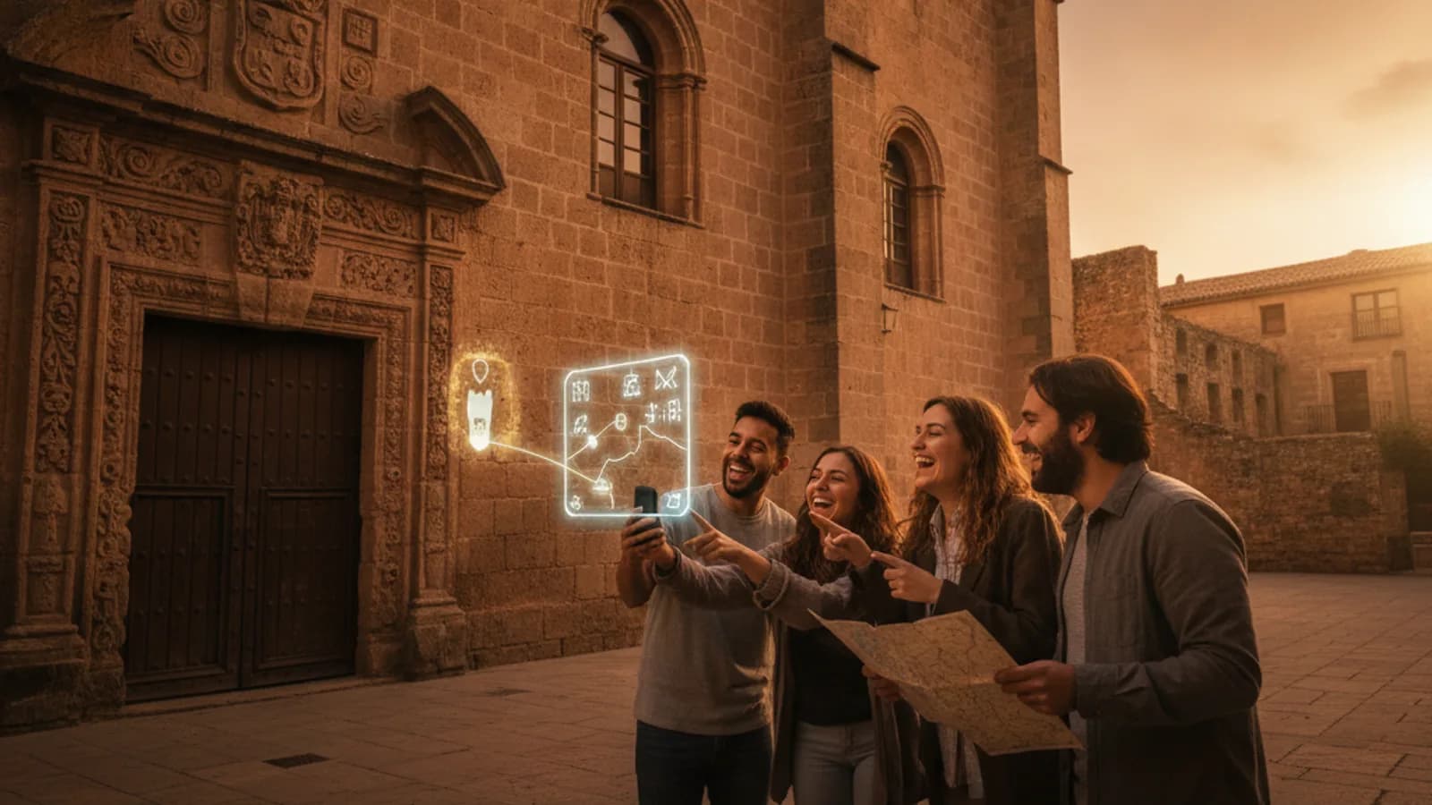 Un equipo de amigos descifrando una pista frente a la fachada de un edificio histórico en Tafalla, con el móvil mostrando una superposición de realidad aumentada