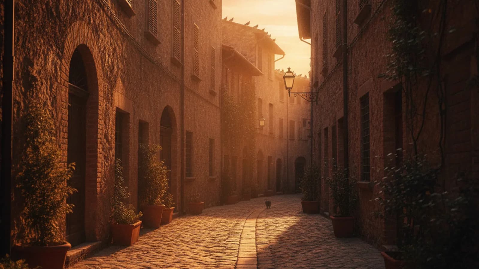 Un callejón antiguo bañado por una luz dorada, desierto al amanecer